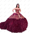 2022 модное Золотое бальное платье с вышивкой XV, бордовое Атласное Бальное платье с оборками Charro, дешевые мексиканские пышные платья Quinceanera, милые 15 16