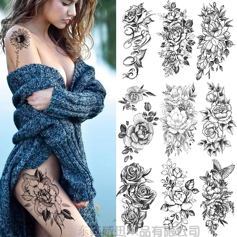 

Водостойкая Сексуальная Цветочная временная татуировка для женский боди-арт живопись руки ноги татуировки наклейки реалистичные поддельн...