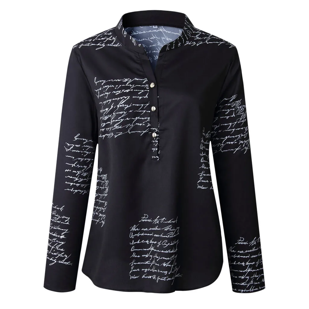 

2021New Fashion Letter Printed Shirt Women V Neck Letters Printing Button Long Sleeve T-shirt Tops Blouse