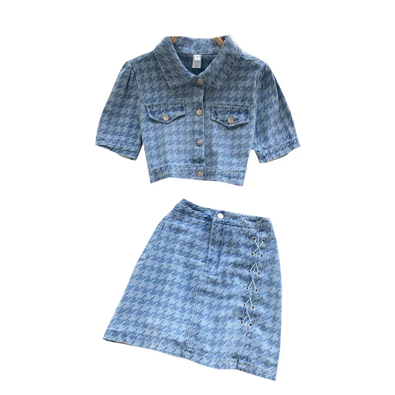 

Women Summer Retro Houndstooth Denim Set Turndown-Collar Short Sleeve Short Tops+High Waist A-line Skirt Two Piece Set