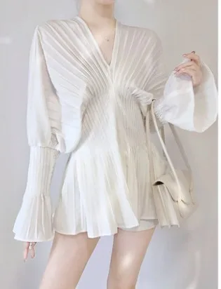 

Korean style Solid V-neck Pleated Slim Waist Dress for Women 2021 Spring New Oversized Slimming Party Office Mini Dress Vetidos