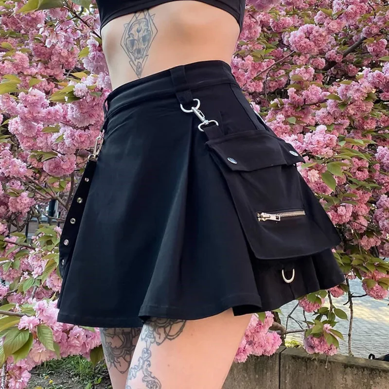 

Мини-юбка женская с завышенной талией, пикантная черная бандажная в стиле Харадзюку, панк-готика, уличная одежда в стиле пэчворк, лето 2021