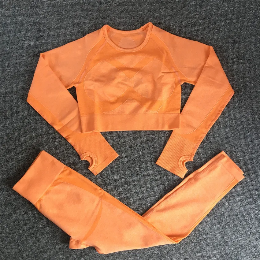 

2 PCS Sports Set Seo Seamless Yoga Set Sport Suit for Women Long Sleeve Gym Crop Top High Waist Leggings Fitness Gym Suit