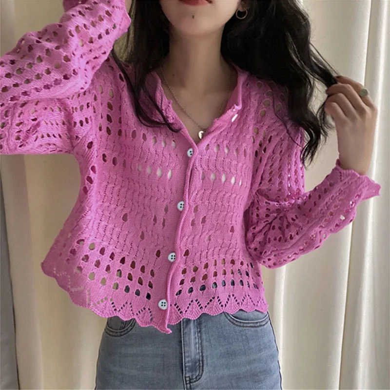 

Women Round Collar Full Sleeve Hollow Out Knitting Sweater Cardigan Spring Autumn Tops Female Chic Slim Crop Knitwear