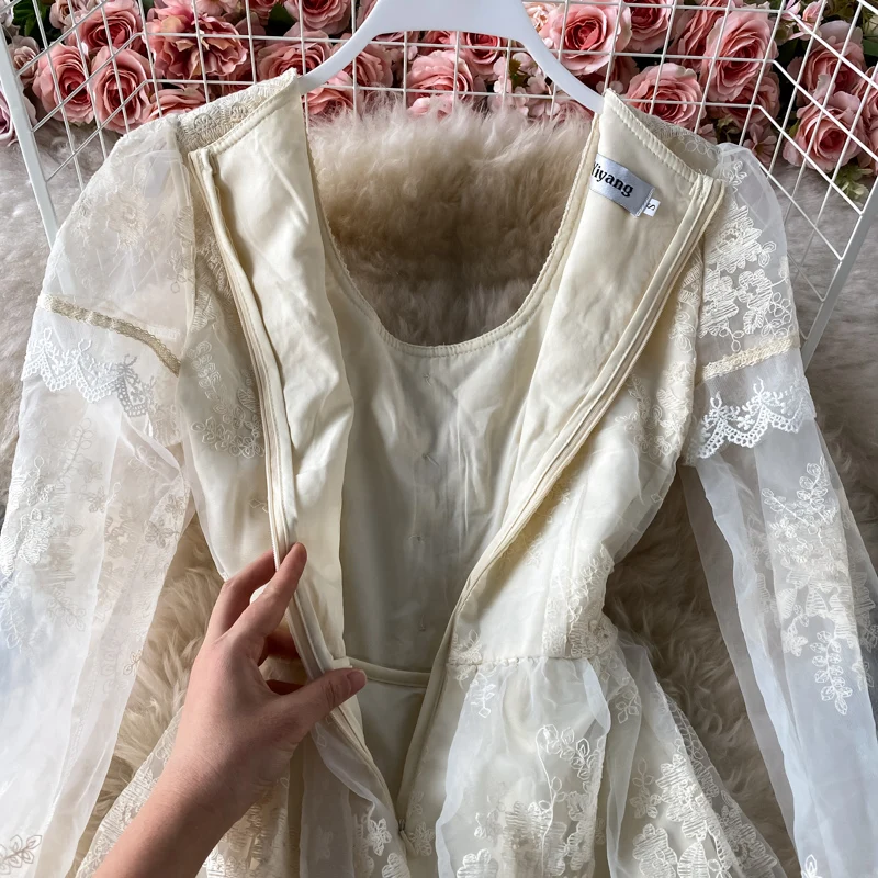 

Summer Lace Dress For Women Long Sleeve Ruffle Puff Sleeve Runway Designer Custom High Quality Beach Tunic Female Vestidos