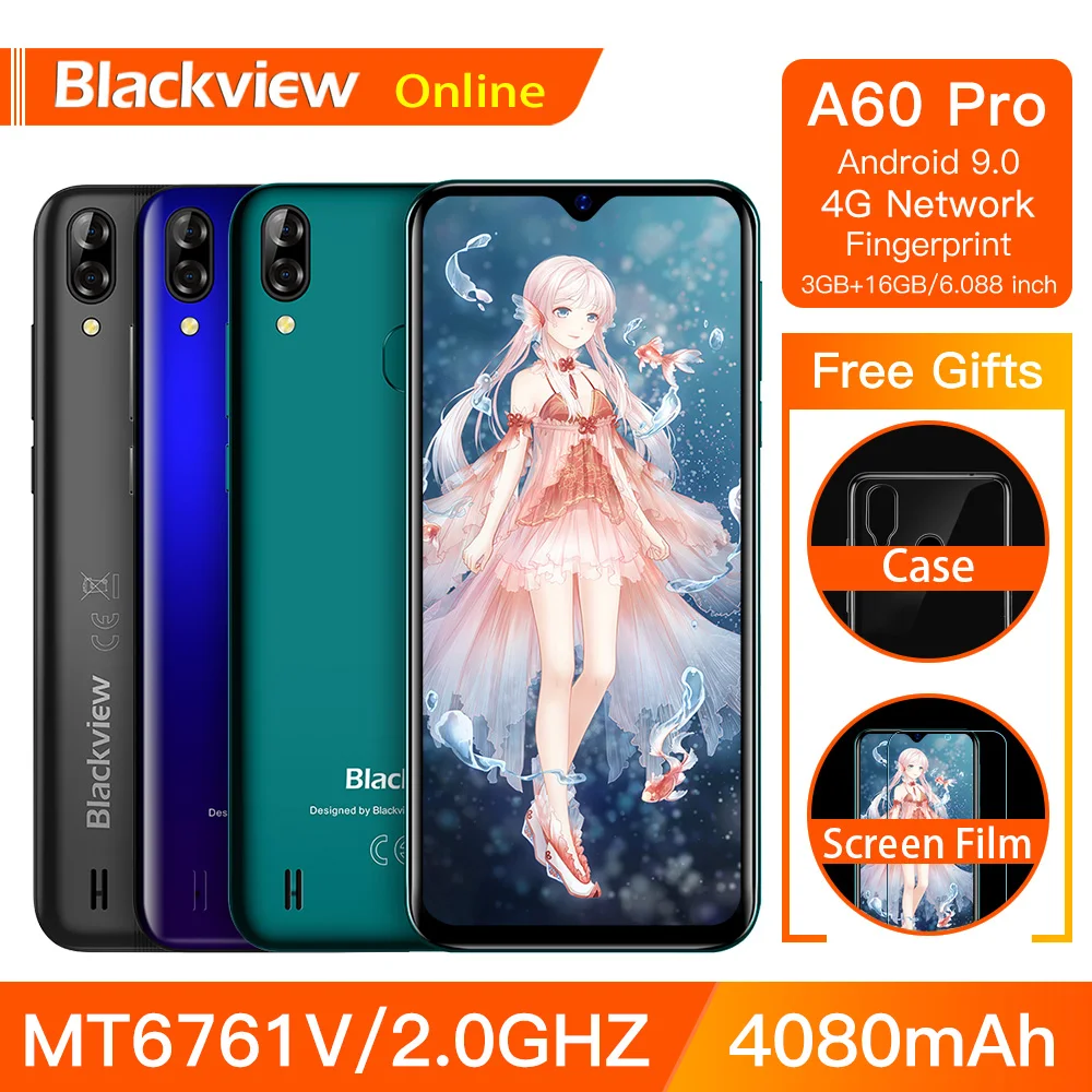 Оригинальный смартфон Blackview A60 Pro 3 ГБ + 16 MT6761V Android 9 0 экран Waterdrop 4080 мАч Touch ID 4G