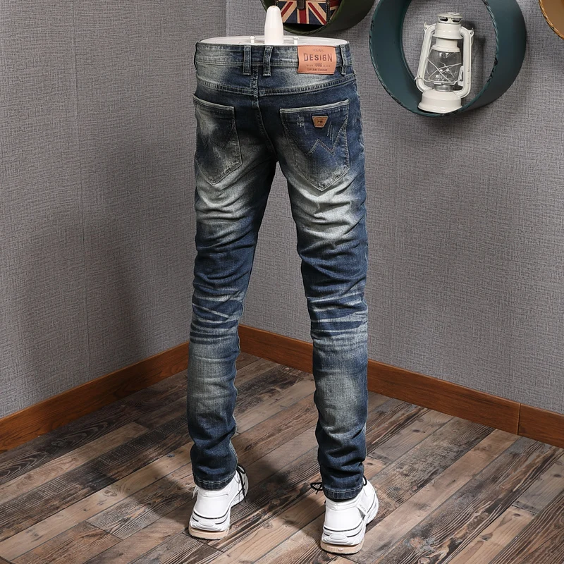 Italian Vintage Fashion Men Jeans Retro Blue Elastic Cotton Slim Fit Ripped Jeans Men Distressed Designer Casual Denim Pants