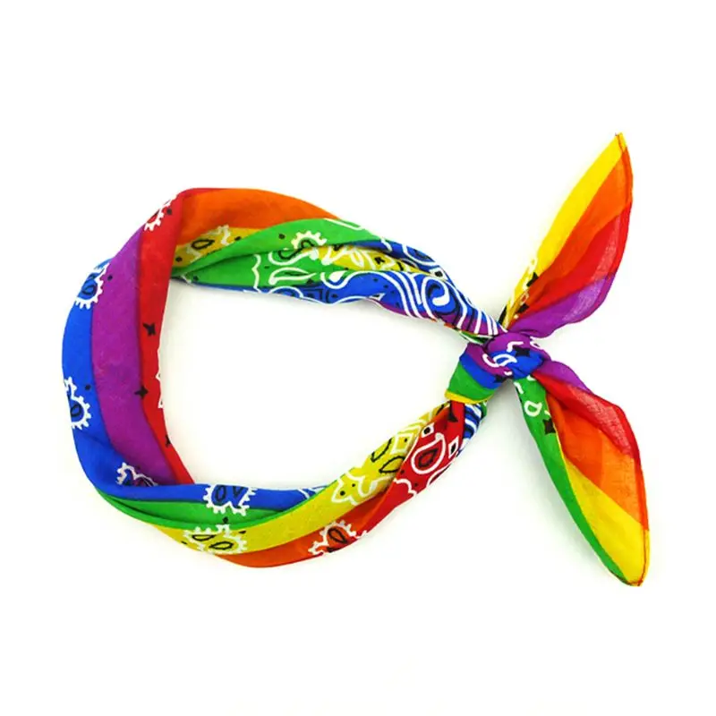 Женский хлопковый квадратный шарф в радужную полоску с цветочным рисунком