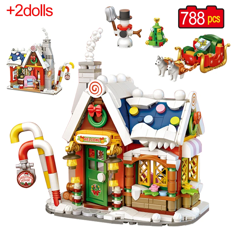 

788pcs City Mini Christmas Tree House Building Blocks Friends Santa Claus Cabin DIY Candy Snowman Figures Bricks For Kids Gifts