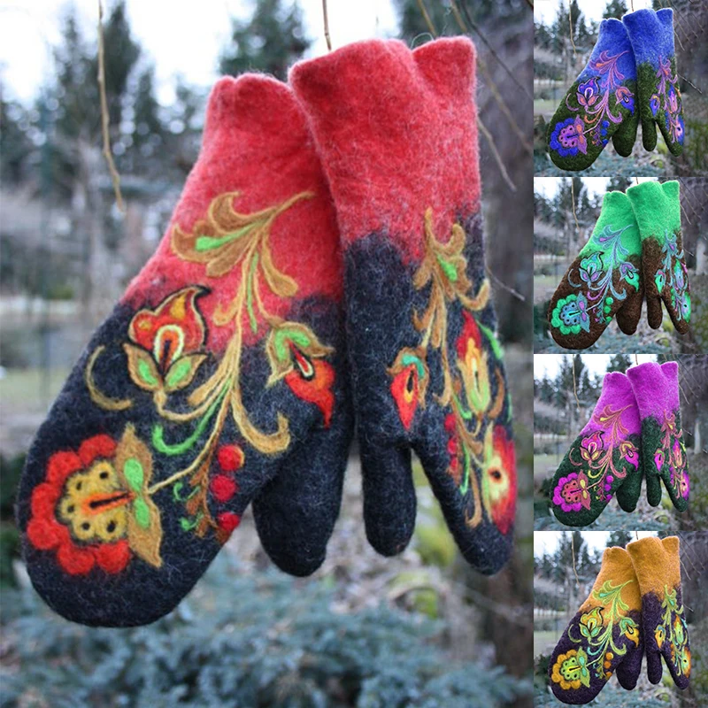 

Christmas Gift Women Winter Gloves Women Fashion Warm Gloves Embroidery Flowers Glove Mittens for Winter Outdoor Ski