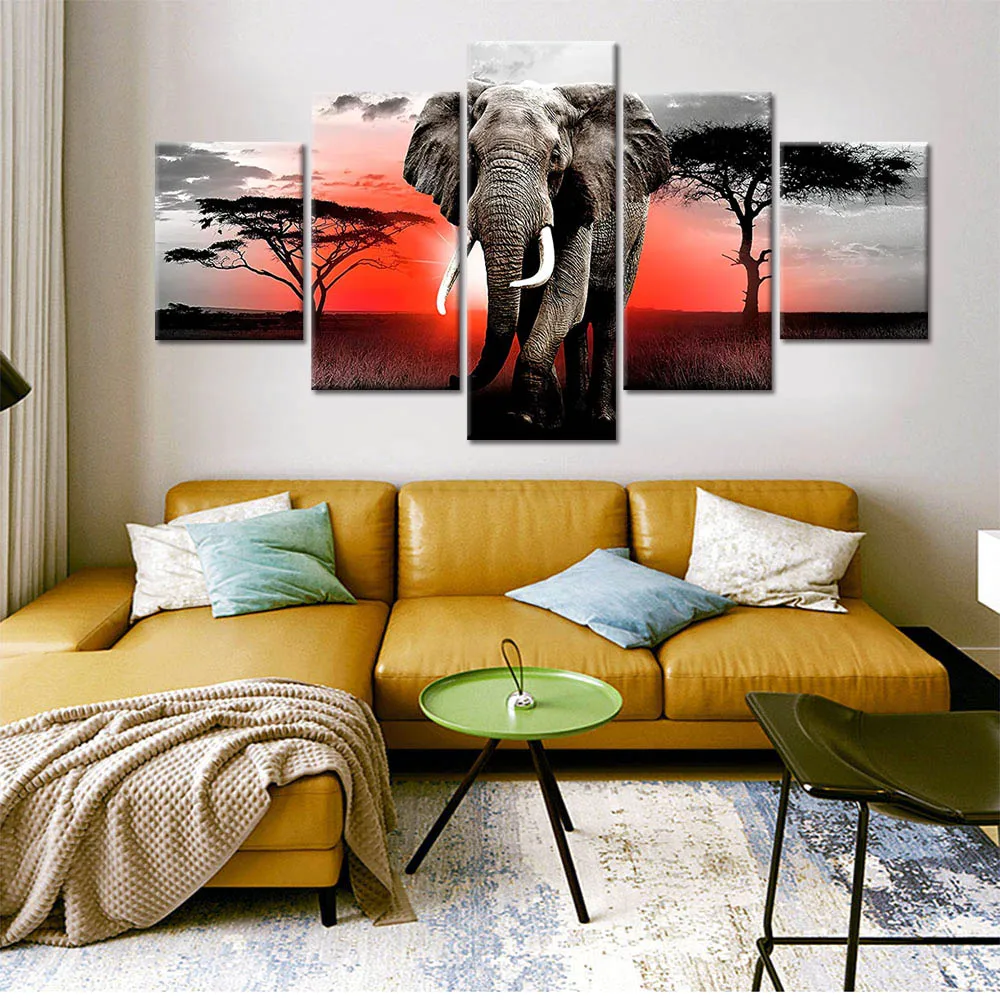 

Canvas Pictures Home Decor 5 Pieces Walking Elephant Sunset Africa Grassland Scenery Painting Prints Poster Living Room Wall Art
