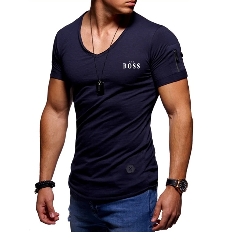 

2021 Brand Summer New Men T-Shirt V-Neck Casual Hip Hop Short Sleeved Muscle Solid Tshirt Boss Male Fashion Luxury Tops T-Shirt