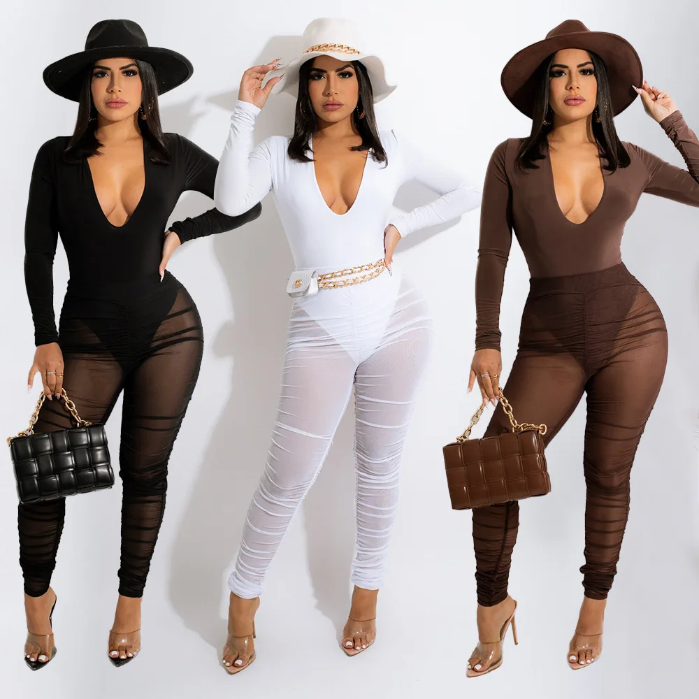 

Sexy Deep V Neck Bodysuit Top + Sheer Mesh Stacked Pants Two Piece Set Women See Through Club Party Skinny Set Outwear Clothes