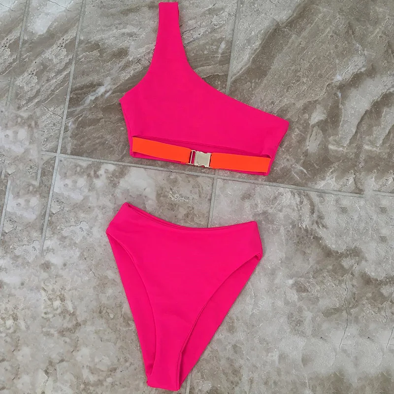

Sexy One Shoulder High Waist Bikini Red Swimsuit Swimwear Women Bikinis Set Brazilian Beach Wear Swimming for Bathing Suit