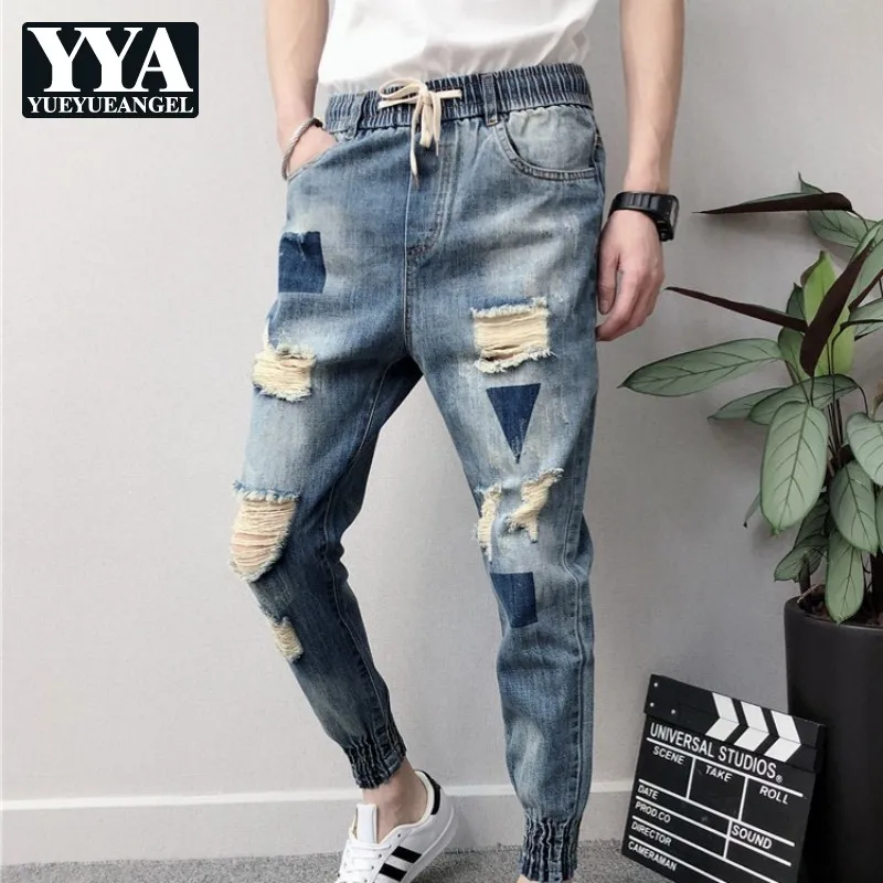 

Брюки-султанки мужские рваные, модные джинсовые брюки-султанки из денима с эластичным поясом, рваные джоггеры, повседневные ковбойские брю...