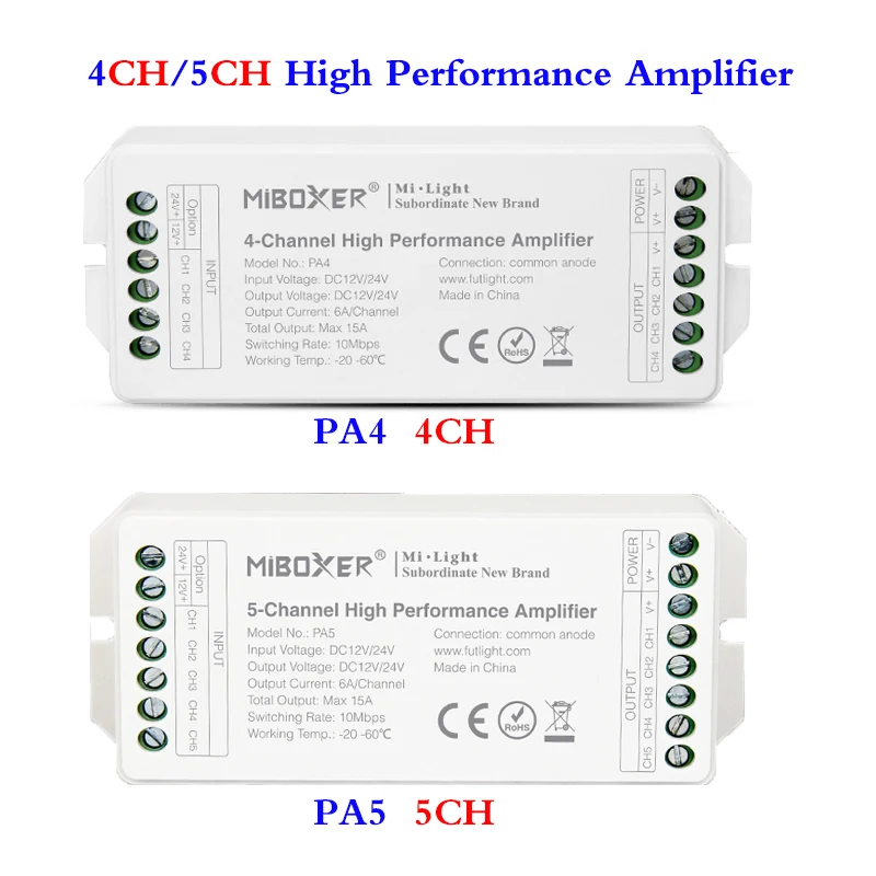 4-Channel/5-Channel Hight Performance signal led Amplifier compatible with PWM 12/24V controller,input/output DC12V/24V,6A/CH