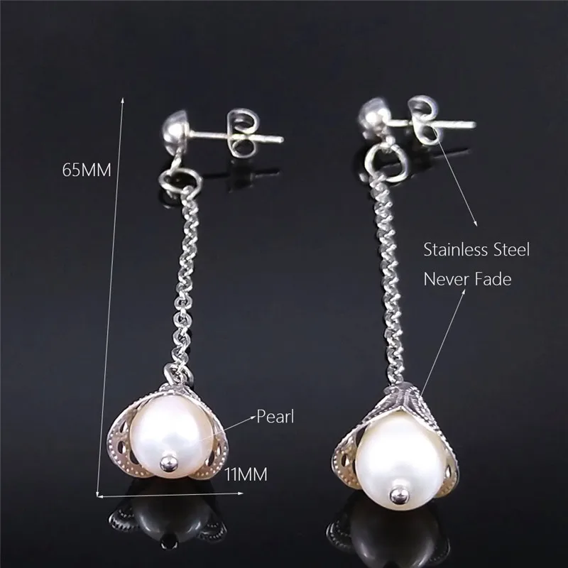 

2021 Freshwater Pearls Stainless Steel Earrings Women Silver Color Long Stud Earrings Fahsion Jewelry pendientes acero EXS01
