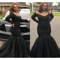 sexy black african mermaid prom dresses plus size 2021 vestidos de fiesta largos elegantes de gala long sleeve evening gowns