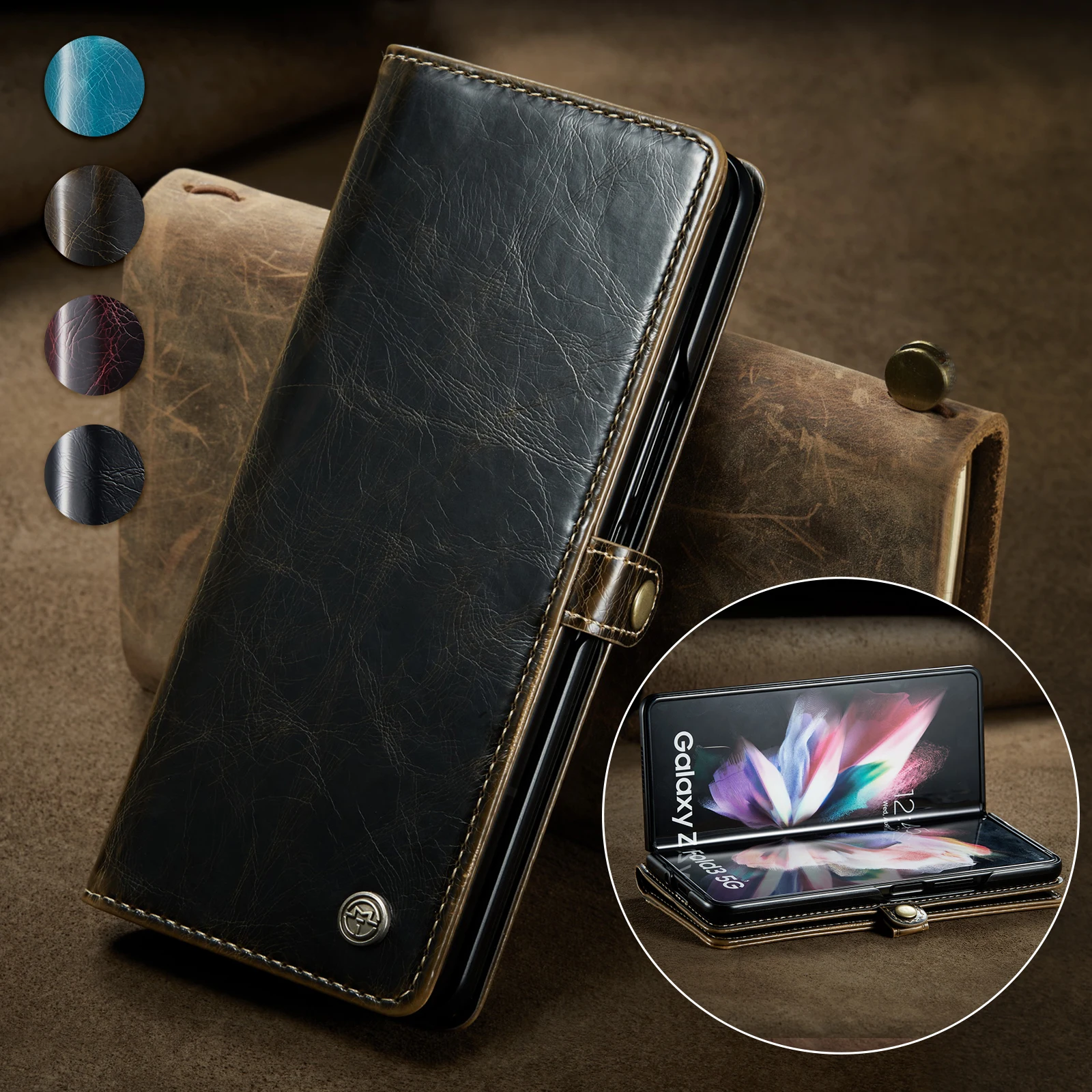 

For Samsung Galaxy Z Fold 3 5g Magnetic Stand Flip Case Cover Retro PU Leather+PC Luxury Card Slot Wallet case