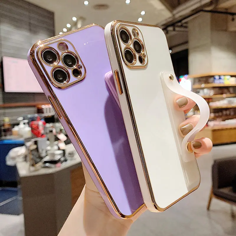 

3D For iPhone 12 Pro Max Gold Plated Electroplated Wrist Strap Phone Case For iPhone 11 12 Mini XR XS Max X 7 8 Plus SE 2020 12