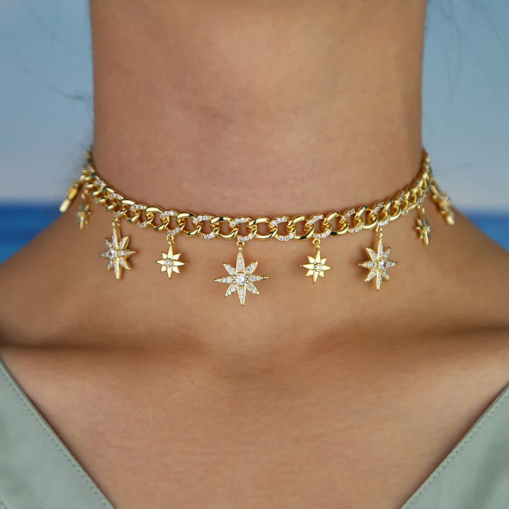 Чокер Женский позолоченный из кубинской цепи Майами ожерелье 32 + 8 см с кубическим