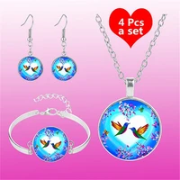 hummingbird art photo jewelry set heart shaped pendant necklace earring bracelet totally 4 pcs for womens fashion party gifts