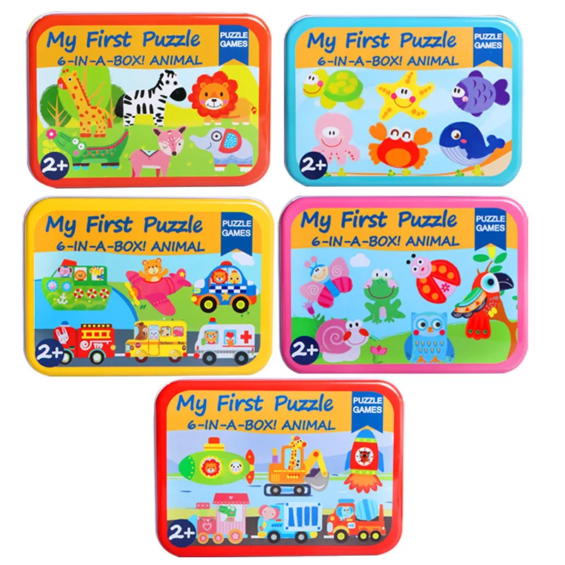 

Baby Toys 6 in 1Iron Box Cartoon Animals Wooden Puzzle For Children Montessori Early Educational Toys Gifts For Kids