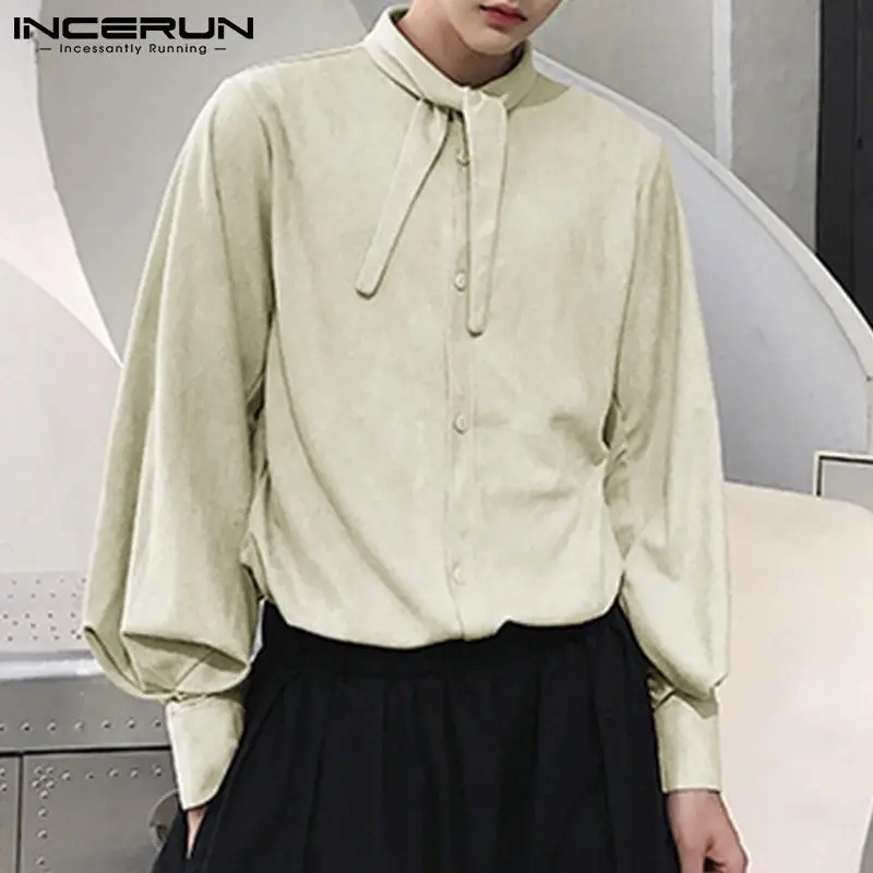 

INCERUN Vintage Men Shirt Solid Color Turn Down Collar Long Lantern Sleeve Velour Streetwear Casual Men Clothing 2021 Camisas