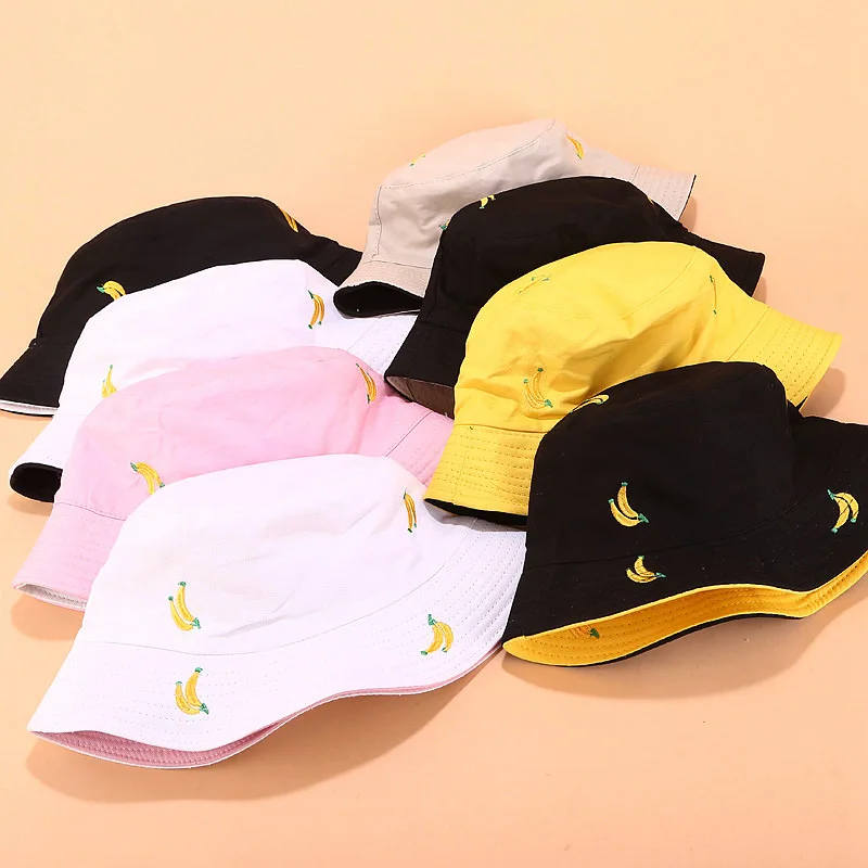 

2021 Cotton Fruit banana Double-sided wear Bucket Hat Fisherman Hat outdoor travel hat Sun Cap Hats for Men and Women 89