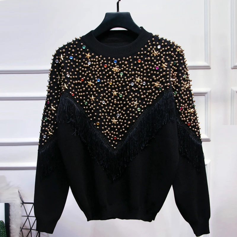 Качественный вязаный комплект из двух предметов со стразами и бисером Женский