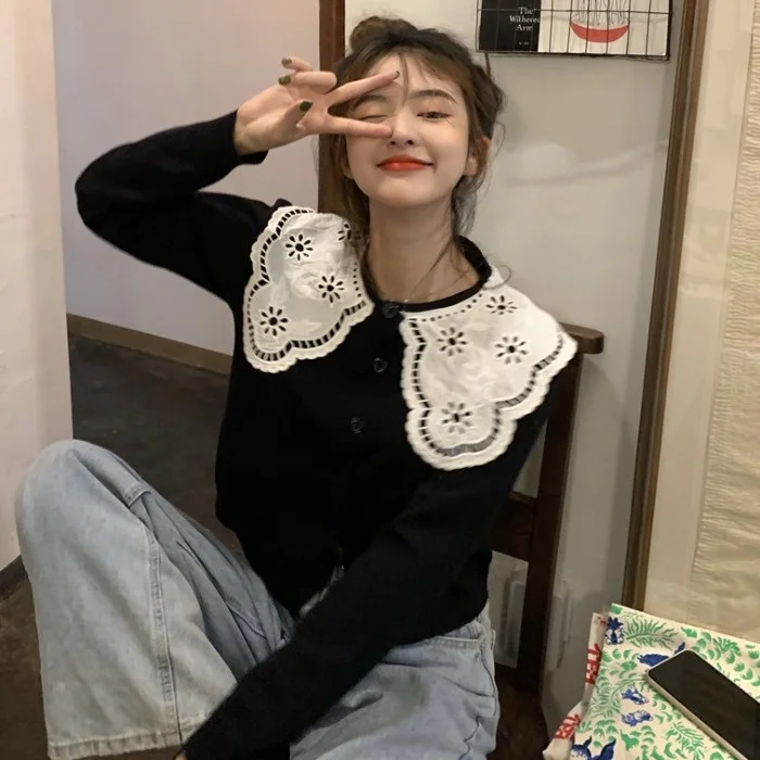 Женский однобортный свитер с кружевными лацканами Новинка осени 2021 модный