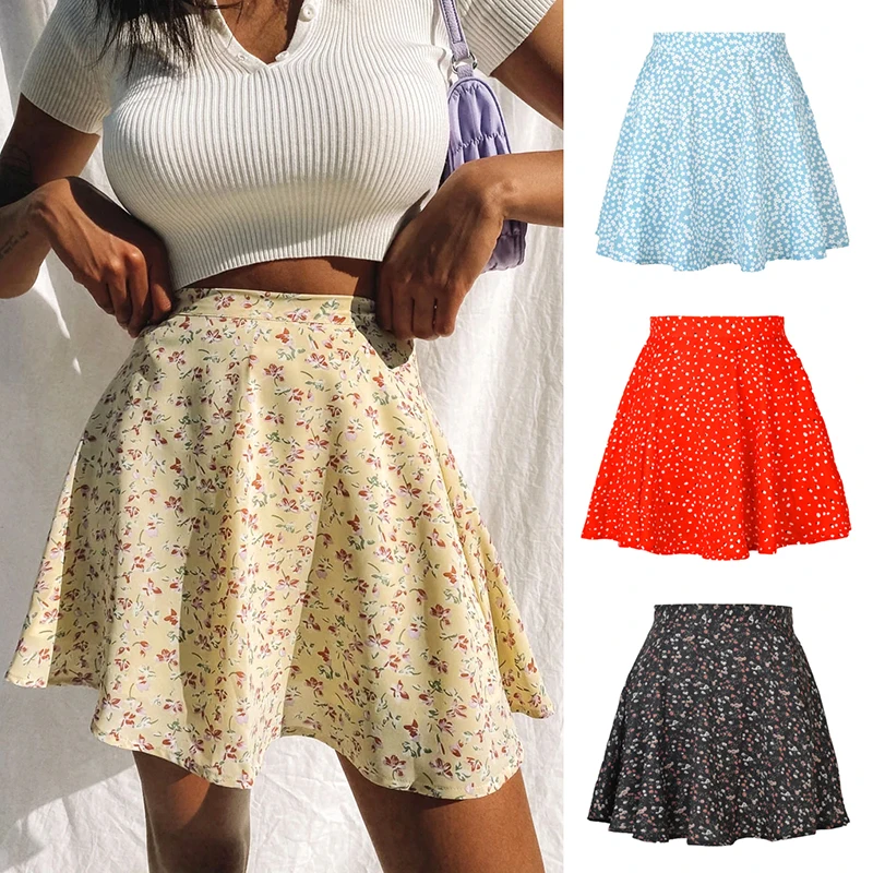 

Summer Women's Floral Print Skirt High Waist Sexy Night Club Mini Skirt Female Print Female Beach Boho Solid Short Skirt Women