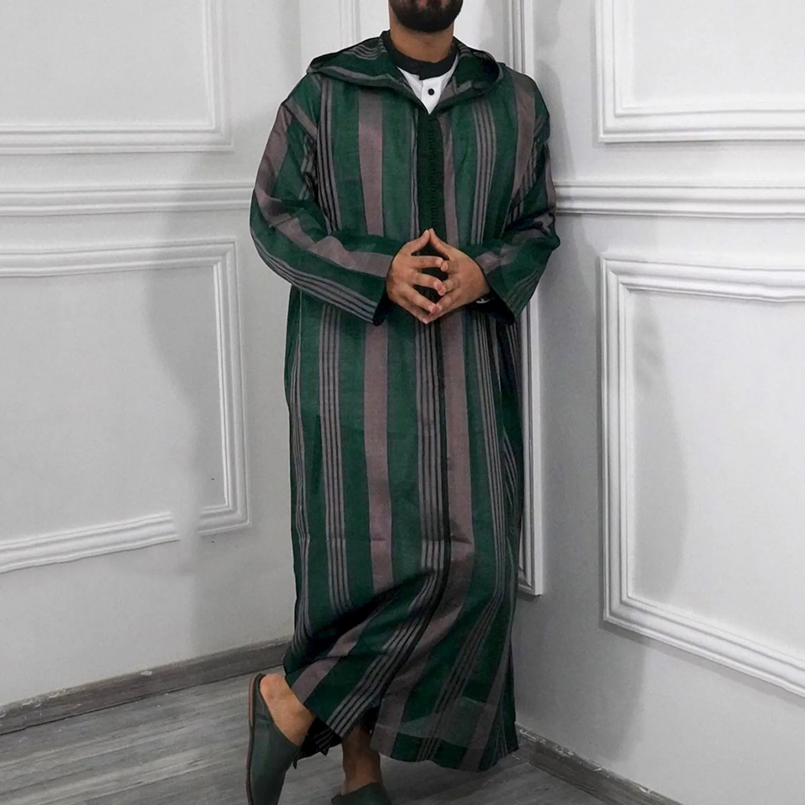 Muslim Men Long Sleeve Striped Hooded Breathable Robes 2022 Men  Robe Loose Dubai Saudi Arab Kaftan Men Clothes