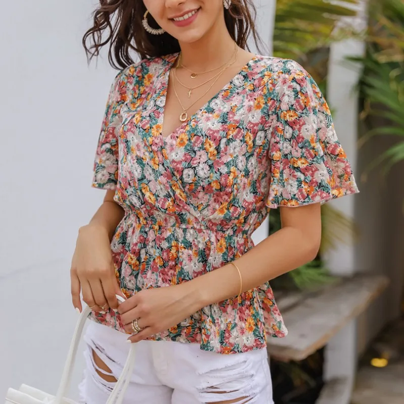 

SUNCREE Vintage Floral T Shirt Women Fashion Elegant Top Female Summer Clothes For Women V-neck Shirts Short Sleeve T-Shirts