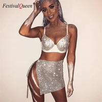 women shining rhinestone metal chain skirt sexy club female see through luxury bling nightclub wear party mini skirts