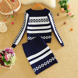 Женский трикотажный Костюм-двойка, костюм с геометрической юбкой и длинным рукавом, черный, синий, красный, для осени, 2021