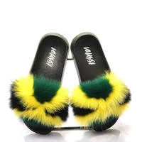 women fur slippers slides open toe real fox fur slippers girls fluffy slip jamaica flag rasta caribbean