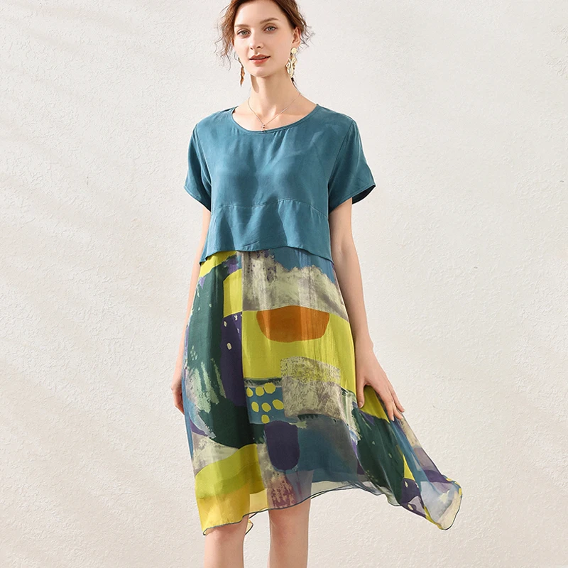 

Women Silk Dresses Summer Plus Size 2020 New Summer Silk Floral Print Short Sleeve Dress Oversized Female Dress 4XL