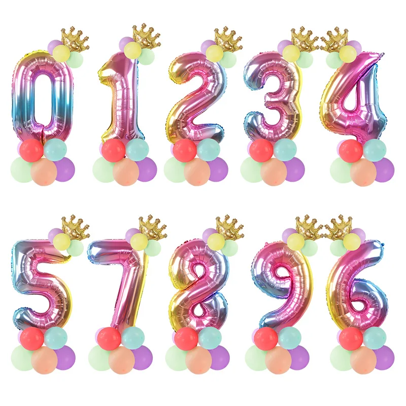 

14pcs/set 32inch Rainbow Number Balloon with Mini Crown Unicorn Party Foil Balloon Baby Girl Boy 1st Birthday Party Decor Globos