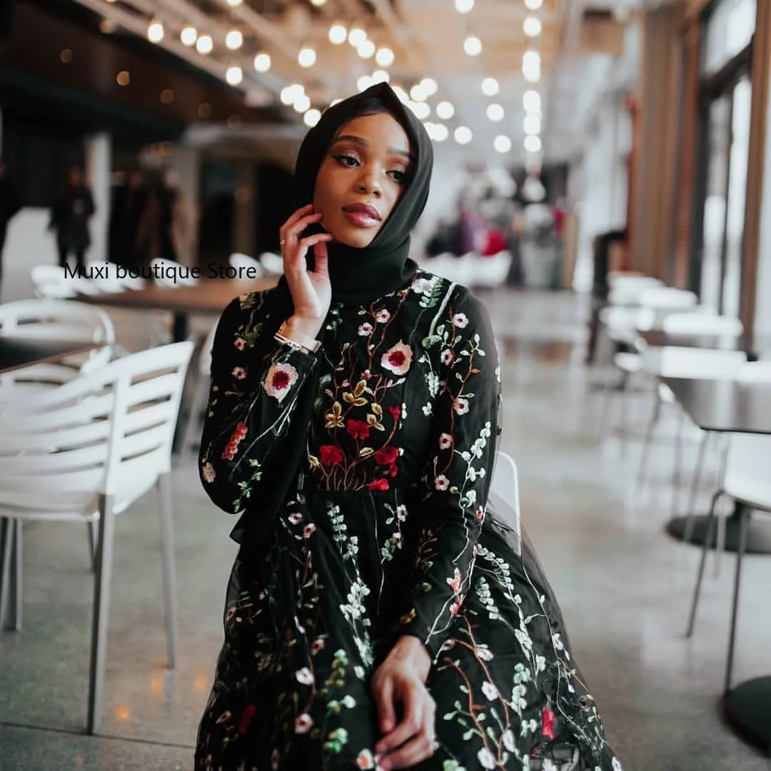 

Muxi Muslim women abaya mesh full flower embroidery long sleeve abayas for women Muslim fashion dress Mid East Turkey Dubai Robe
