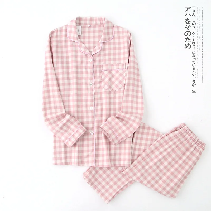 Spring and Summer Couple Pajamas Set Cotton Plaid Leisure and Comfortable New Long Sleeve Pajamas for Men and Women Loose Thin