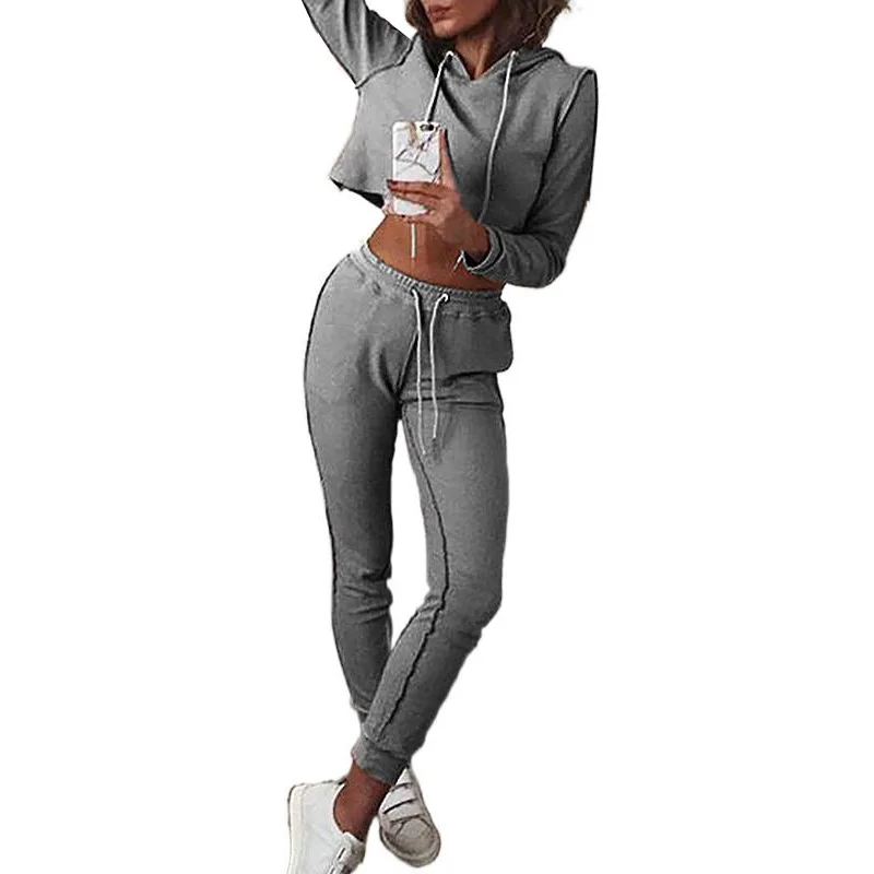 

2021 New Home Wear Solid Color Long Sleeve Fashion Hooded Casual Suit Two Piece Outfits for Women Sets for Women