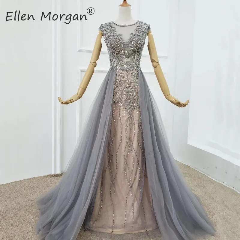 Женское вечернее платье-русалка серое длинное фатиновое платье с вышивкой