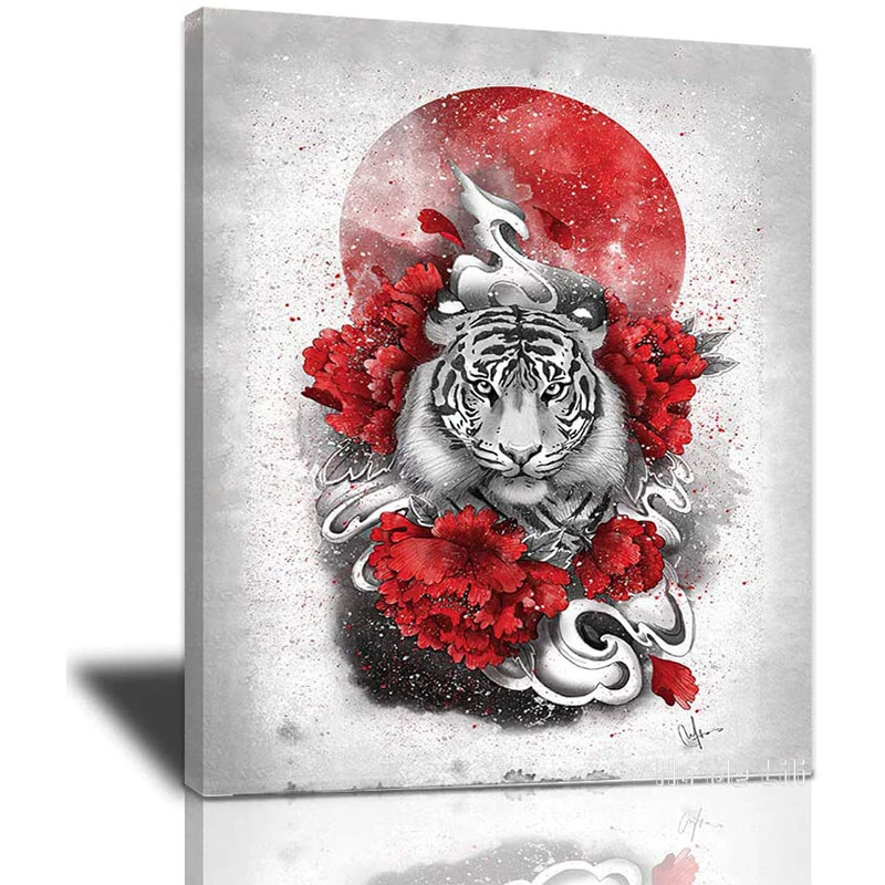 

Black And White Red Tiger Canvas By Ho Me Lili Wall Art Abstract Wild Animal Flowers Painting Artworks Home Décor