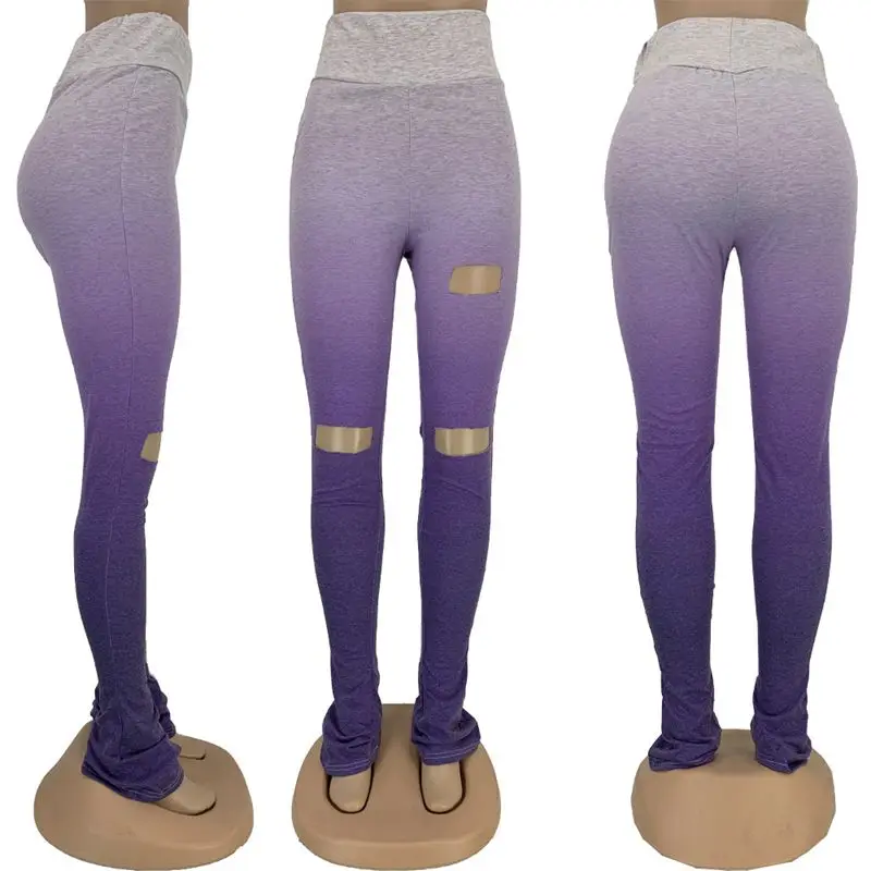 

ZKYZWX Gradient Hole Stacked Leggings Sweatpants Women 2020 New Elastic High Waist Summer Bell Bottom Trouser Ruched Flare Pant