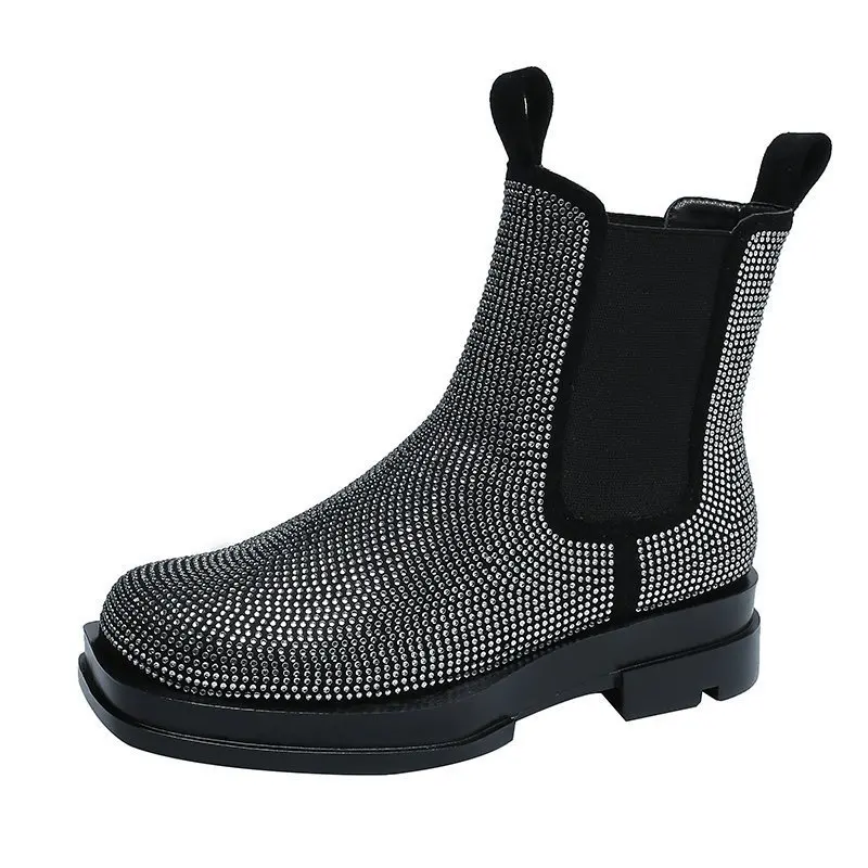 

Black Chunky Boots Women Elastic Round Toe Crystal Bling Sparkling Thick Sole Slip-on Personalized Mid-calf Chelsea Boots2021