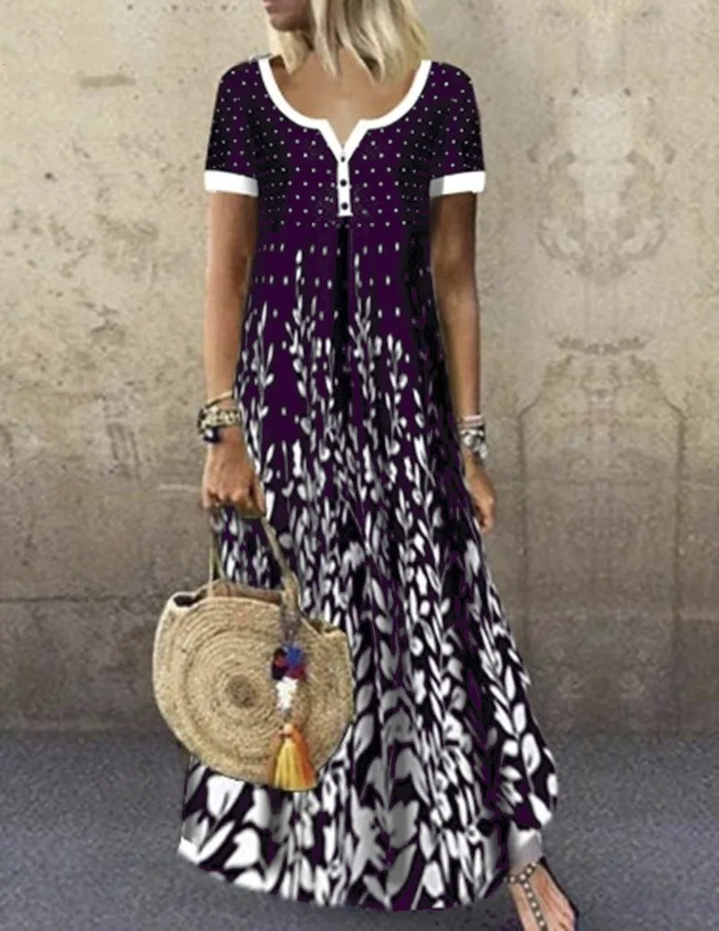 

S-5XL Big Size Beach Holiday Long Dress Summer Casual Short Sleeve V Neck Patchwork Cotton Dress Women Loose Floral Print Dress