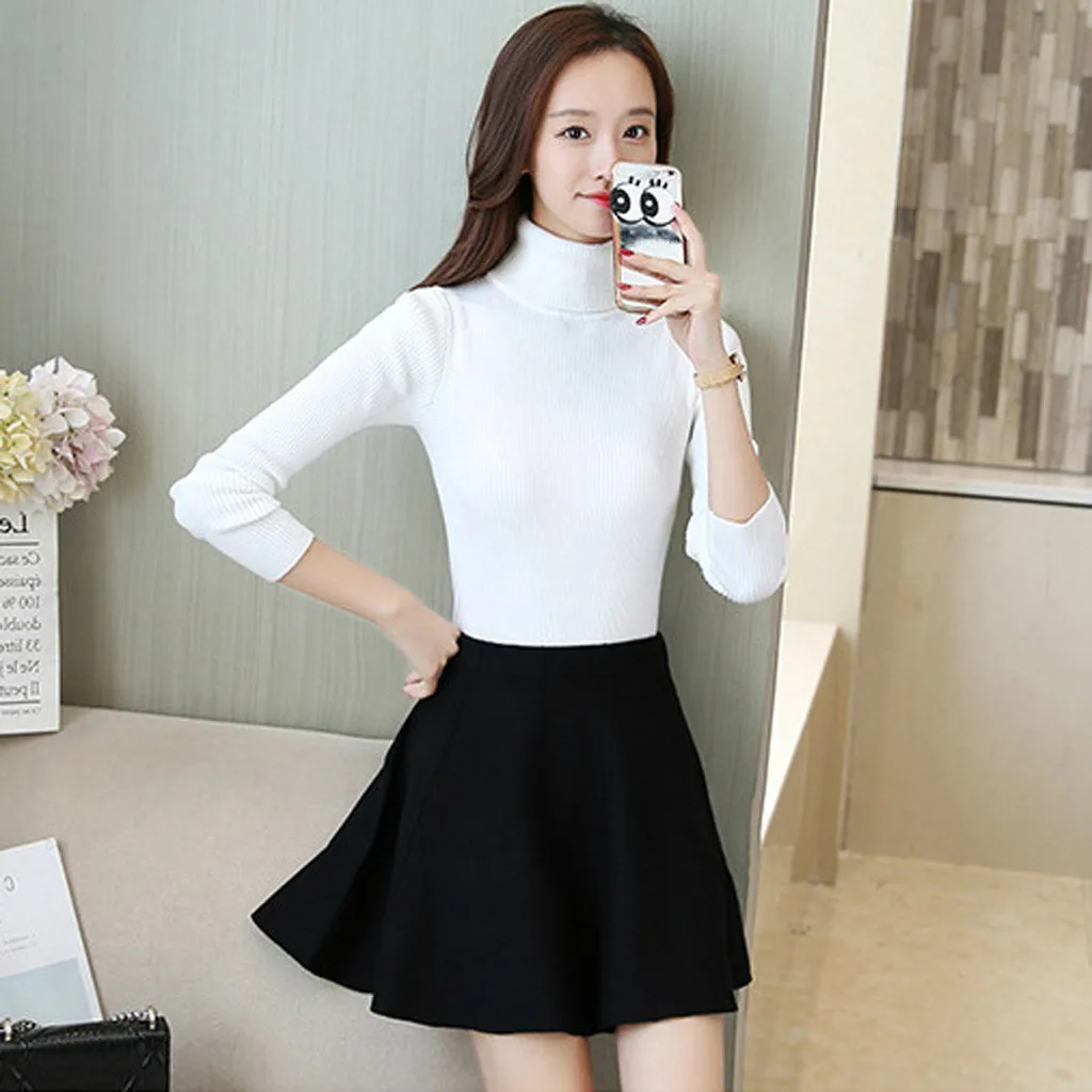 Женский свитер с высоким воротником однотонный облегающий Вязаный топ длинными