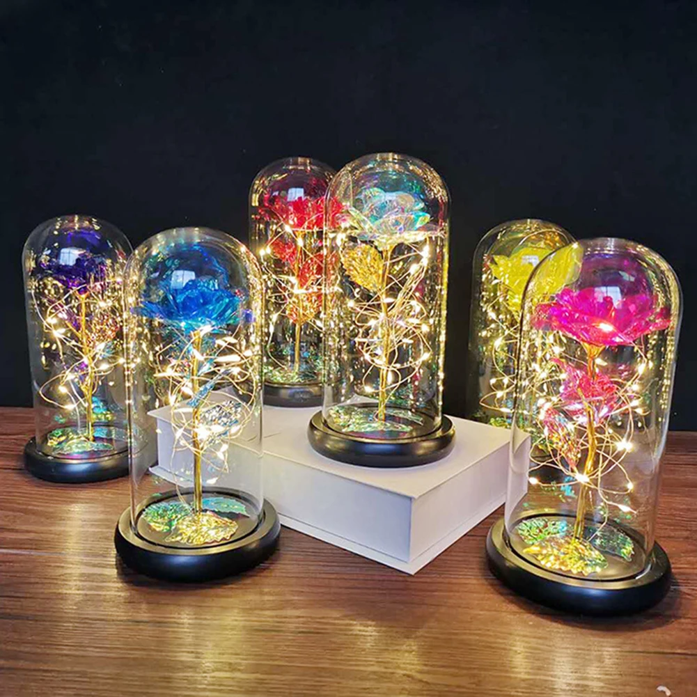 

LED Eternal Rose Flower with Fairy String Lights Artificial Flowers Glass Bottle Valentine Wedding Birthday New Year Gift