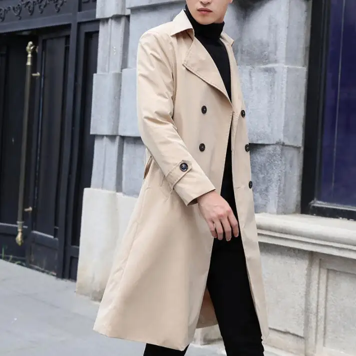Mens trench coats khaki belt man double breasted loose long coat men spring autumn clothes casual overcoat long sleeve S - 3XL